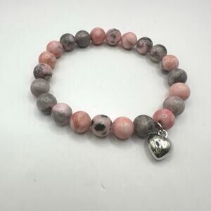 Unbranded Pink Gray Round Bead Ball Stretch Bracelet Silver tone Heart Charm